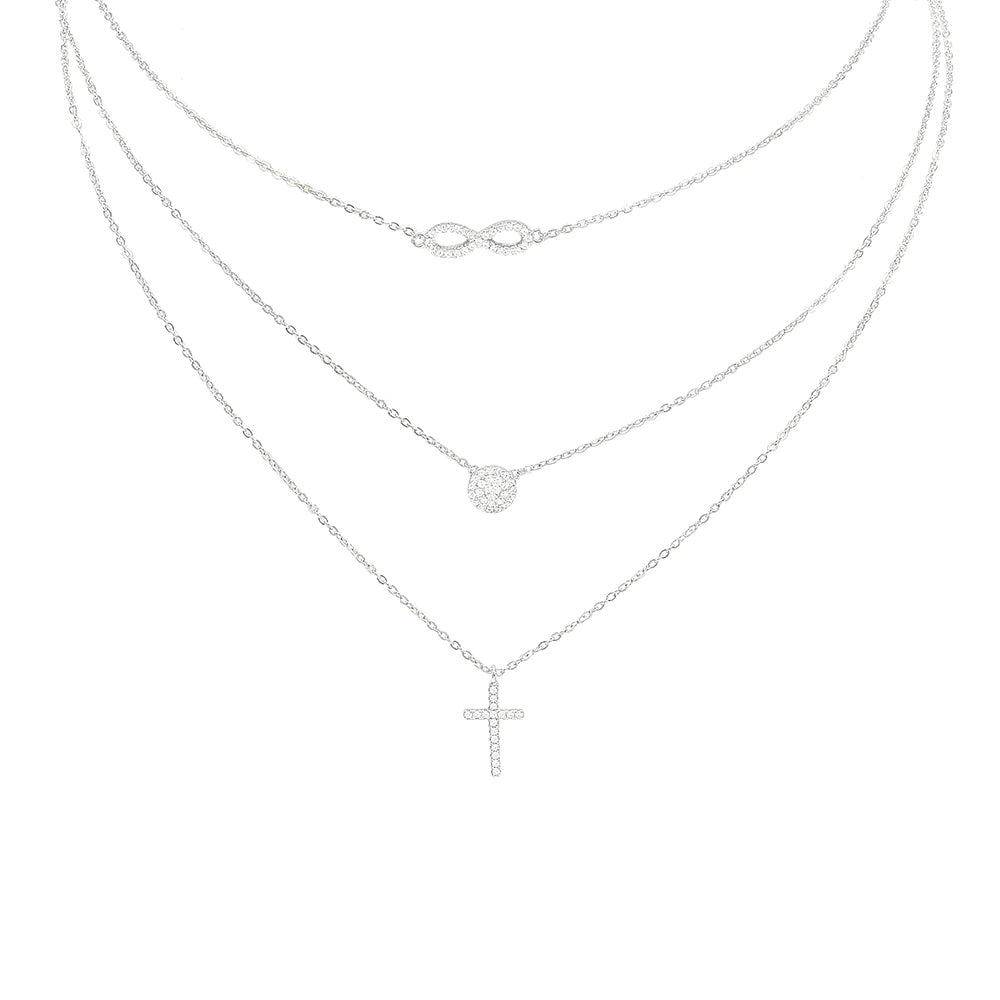 Necklaces, layered necklaces, cross necklaces, infinity necklaces, three layered necklaces, necklace with cross and infinity, sterling silver necklaces, layered necklaces, three in one necklace, going out jewelry, religious jewelry, religious gift, baptism jewelry fashionable, fashionable religious necklaces 