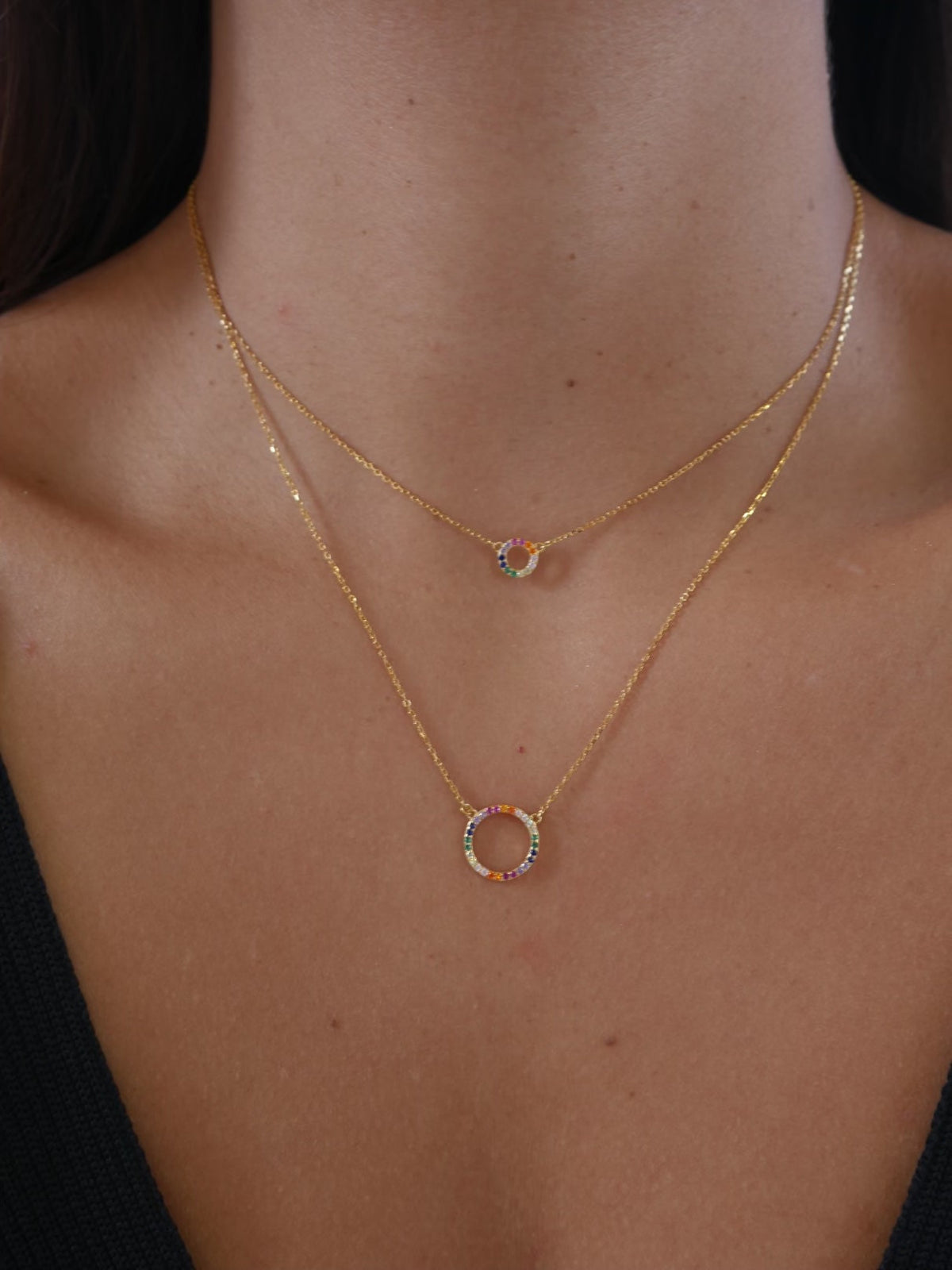 Circle Layered Necklace, 18K Gold Plated .925 Sterling Silver Diamond CZ 2:1 Dainty Necklace