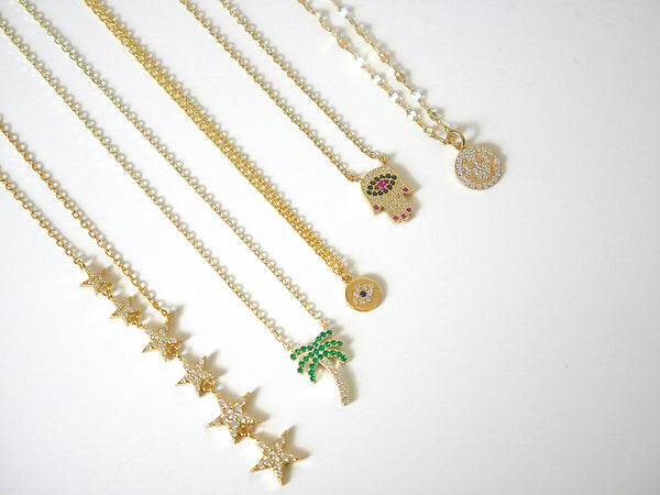necklaces, gold plated necklaces, rhinestone, fashion jewelry, accessories, nickel free necklaces, star necklace, palm tree, evil eye, pink hamsa necklace, pink nail polish necklace, happy face smiley necklace, waterproof, hypoallergenic dainty necklaces, luxury designer, gift ideas, nice jewelry, popular accessories, kesley boutique 