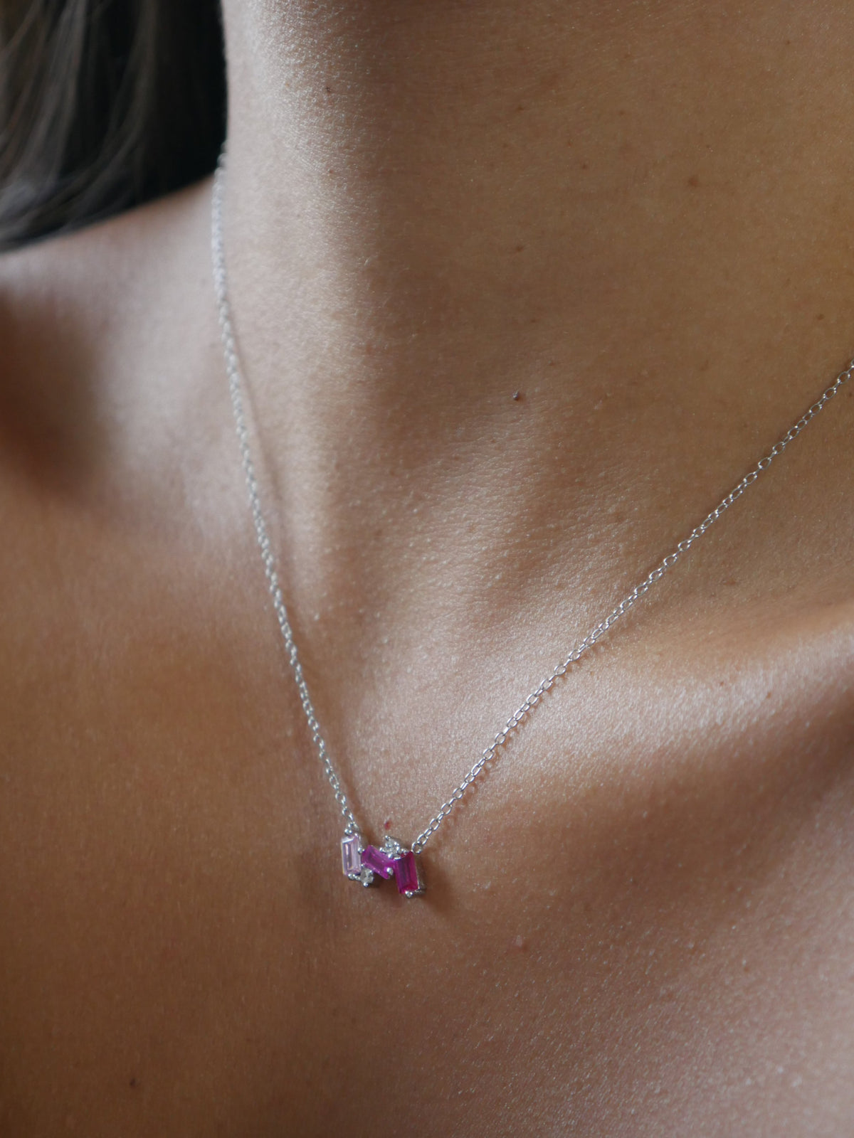 Pink Necklace, .925 Sterling Silver Irregular Baguette Diamond CZ Waterproof Hypoallergenic Dainty Daily Necklace