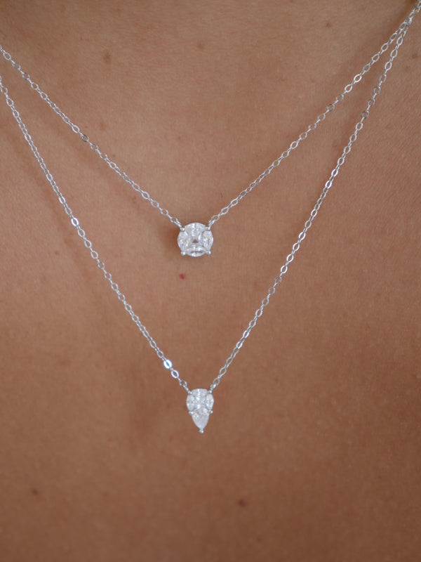 Layered Daytime Necklace, .925 Stelring Silver Round and Pear Diamond CZ Hypoallergenic, Waterproof Double Layer Necklace