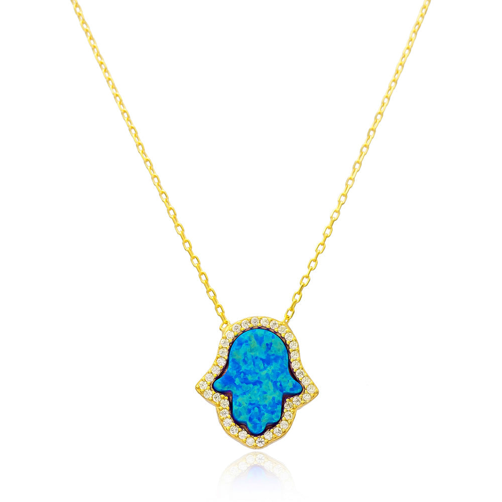 Opal Halo Diamond CZ Hamsa Fatima Hand Lucky .925 Sterling Silver Necklace