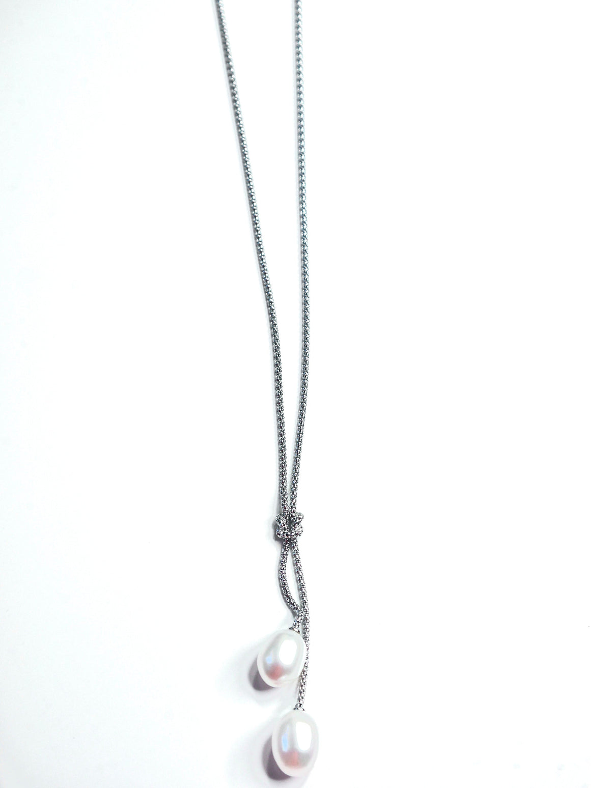 Knotted Pearl Lariat Silver Necklace, Freshwater Pearls Luxe 925 Sterling Silver Necklace