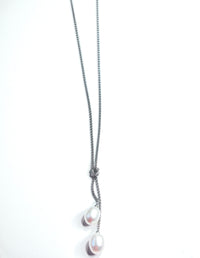 Knotted Pearl Lariat Silver Necklace, Freshwater Pearls Luxe 925 Sterling Silver Necklace