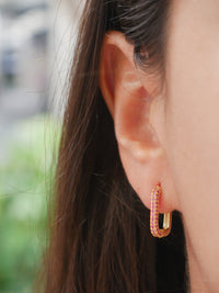 hoop earrings, gold plated, pink diamond cz cubic zirconia, rhinestone, unisex colorful earrings, unique, influencer style earrings 