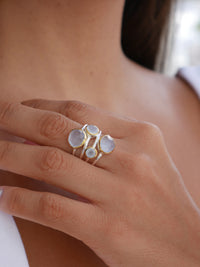 Chalcedony Gemstone Ring, .925 Sterling Silver Natural Gemstone, Golden Halo Orbit Goddess Ring, Nickel Free, Hypoallergenic Statement Ring