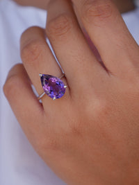 Pear Amethyst Silver Ring, .925 Sterling Silver Natural Gemstone Pear Shape Birthstone  Luxe Cocktail Ring