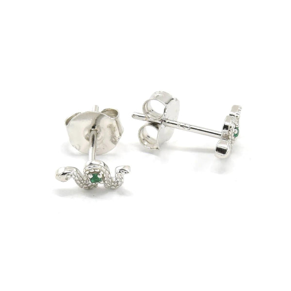 Tiny Snake Studs, Emerald Green Diamond CZ, 14k Gold Plated .925 Sterling Silver Unisex Post Earrings