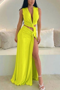 KESLEY V Neck Cutout High Slit Sexy Maxi Dress New Women's Fashion Elegant Holiday Vacation Dress